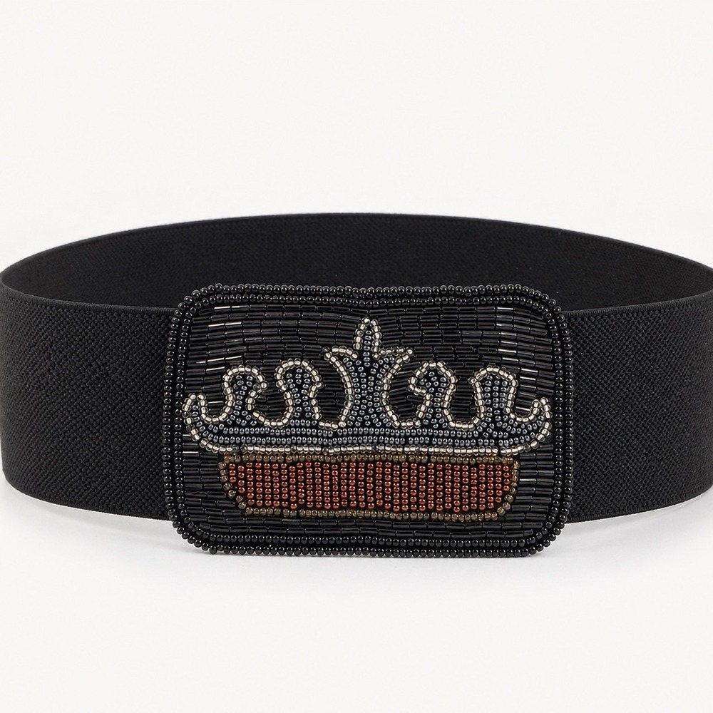 Vintage Women's Beaded Crown Buckle Stretch S/M Belt Black Statement Whimsigoth